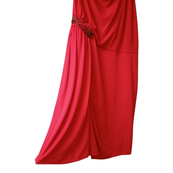 Calvin Klein Vibrant Red 1 Shoulder Dress Beaded Ruched Waist Accent Holidays 14 - Picture 4 of 10